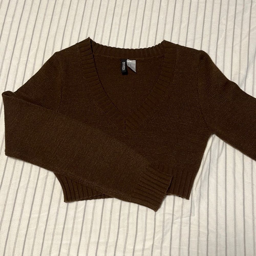 Cropped Brown V-neck Sweater
